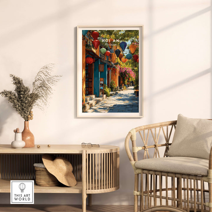 Hoi An Vietnam Lantern Alley poster hanging in a cozy decor setting, showcasing vibrant colors and UNESCO charm.