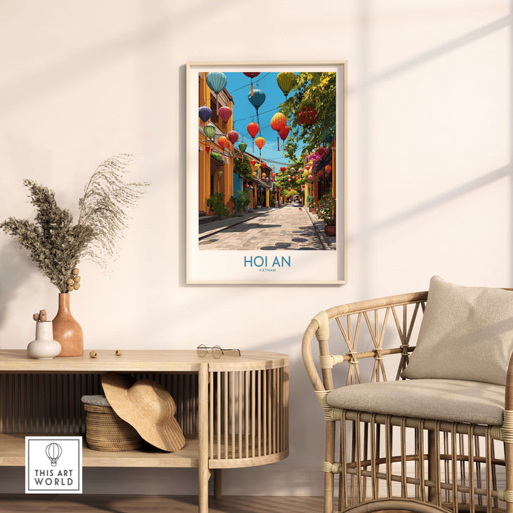 Hoi An traditional lanterns wall art in a cozy living room setting, celebrating Vietnamese cultural decor.