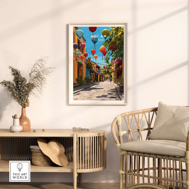 Hoi An colorful lantern street poster displayed in a bright hallway setting, enhancing home decor with vibrant culture.