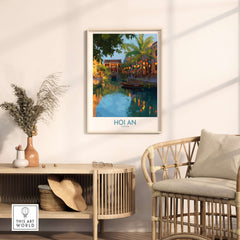 Hoi An Vietnam Wall Art - Vietnamese Evening Scene depicting a serene twilight river view in a cozy interior setting.