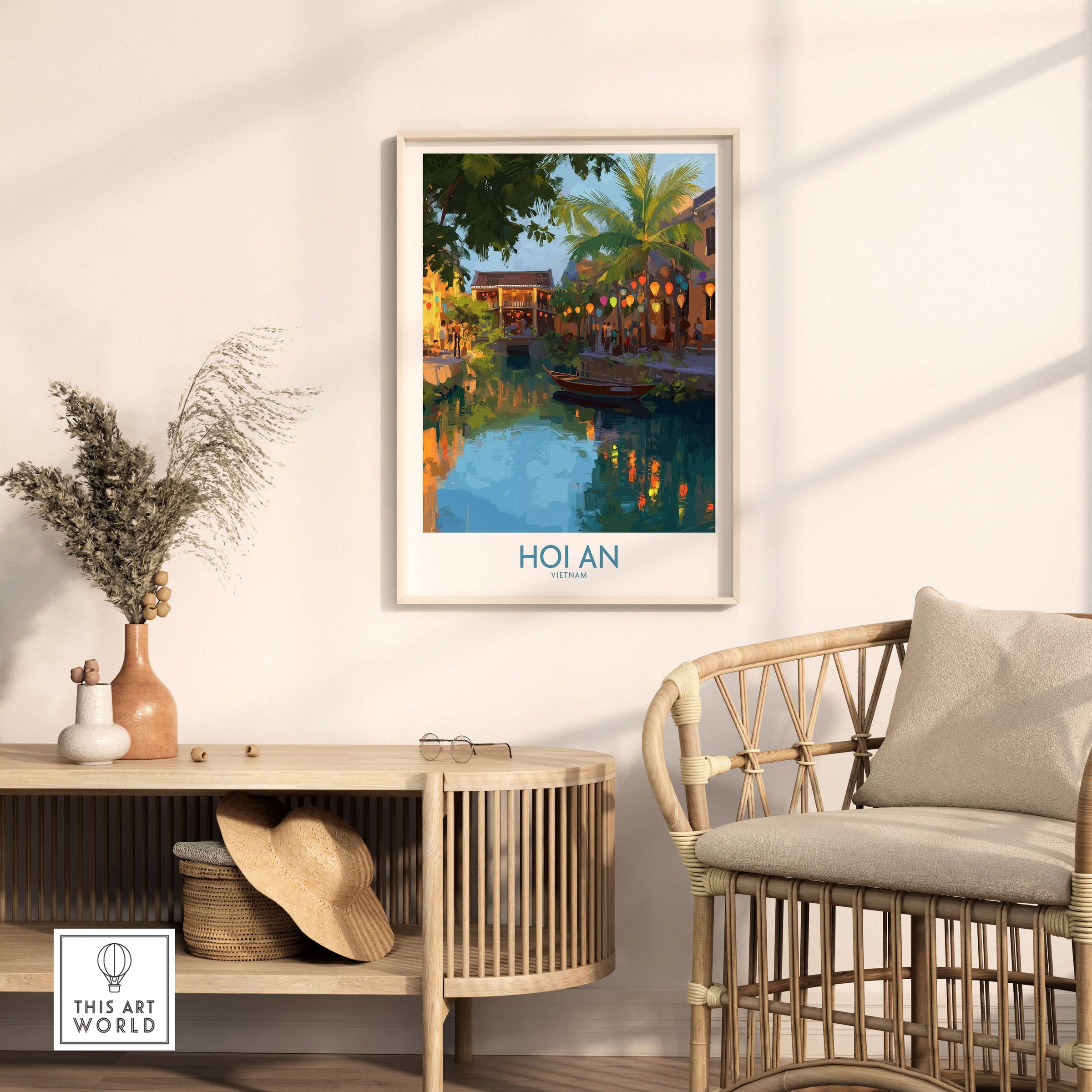 Hoi An Vietnam Wall Art - Vietnamese Evening Scene depicting a serene twilight river view in a cozy interior setting.