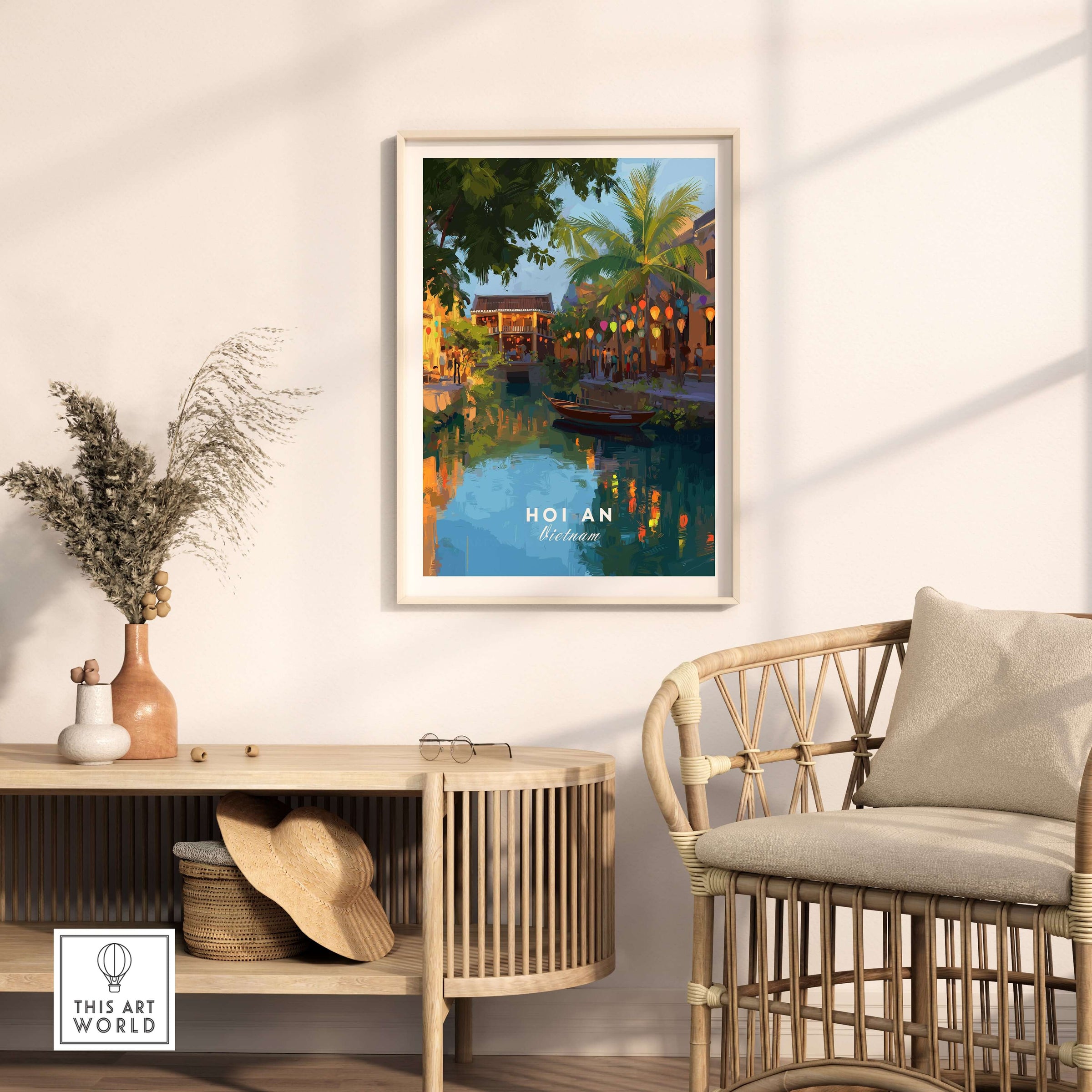Hoi An Vietnam Night Print - Old Town Lanterns Poster featuring lanterns and serene waterways.