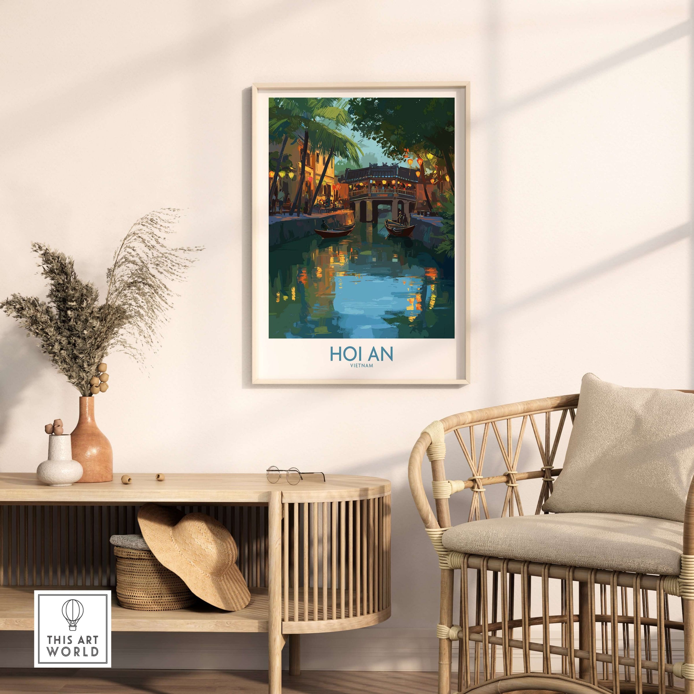 Hoi An Vietnam River Scene Wall Art - Vietnamese Heritage Decor displayed in a cozy living room setting.