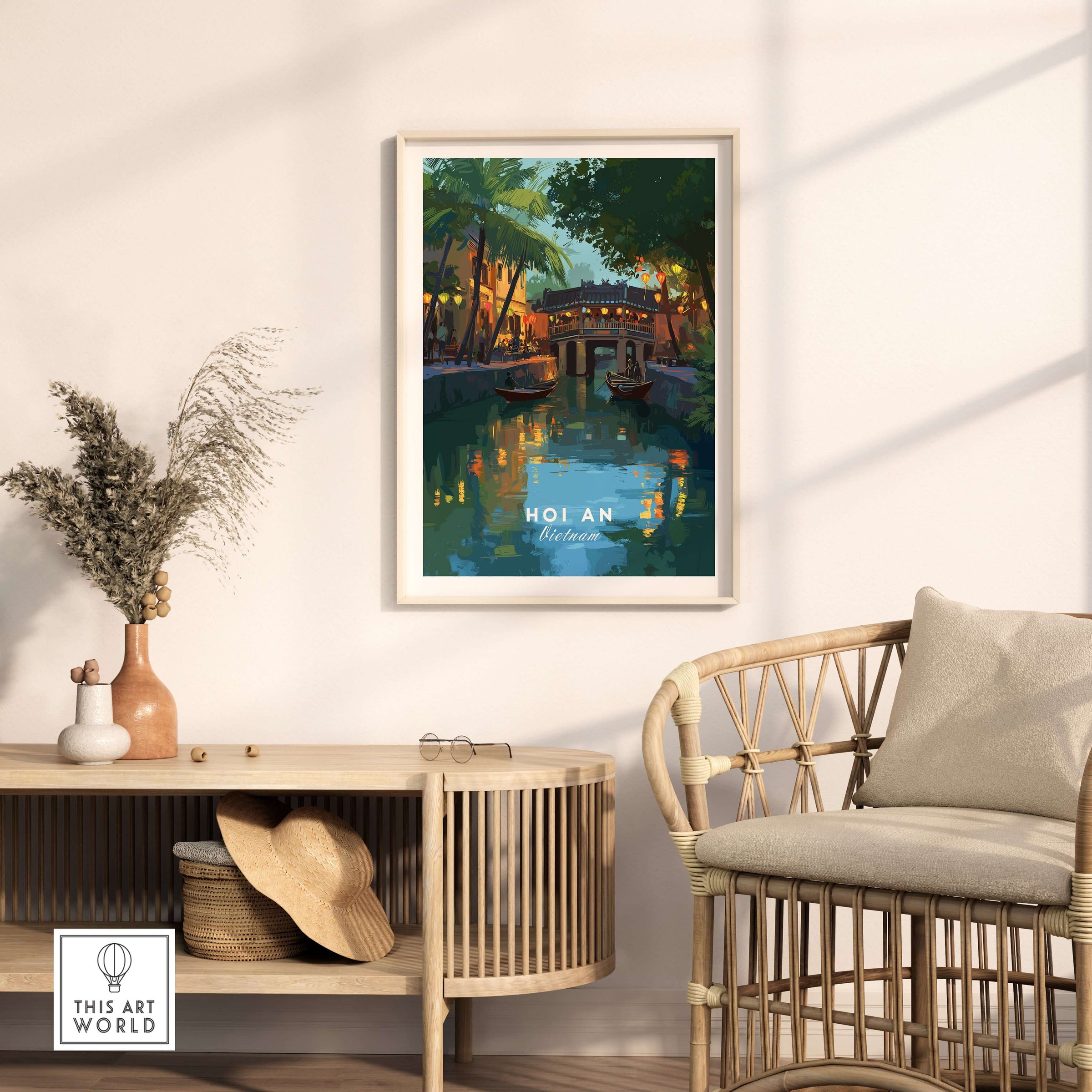 Hoi An Vietnam Poster - Iconic Landmark Print displayed in a stylish room decor with natural elements.