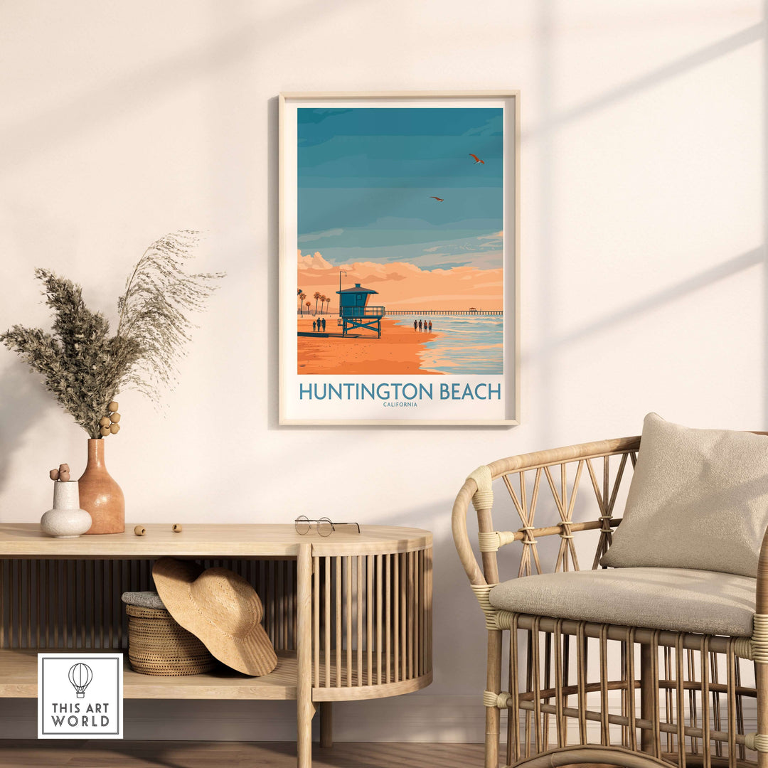 Huntington Beach surfing beach poster showcasing vibrant California coastal scenery and surf culture.