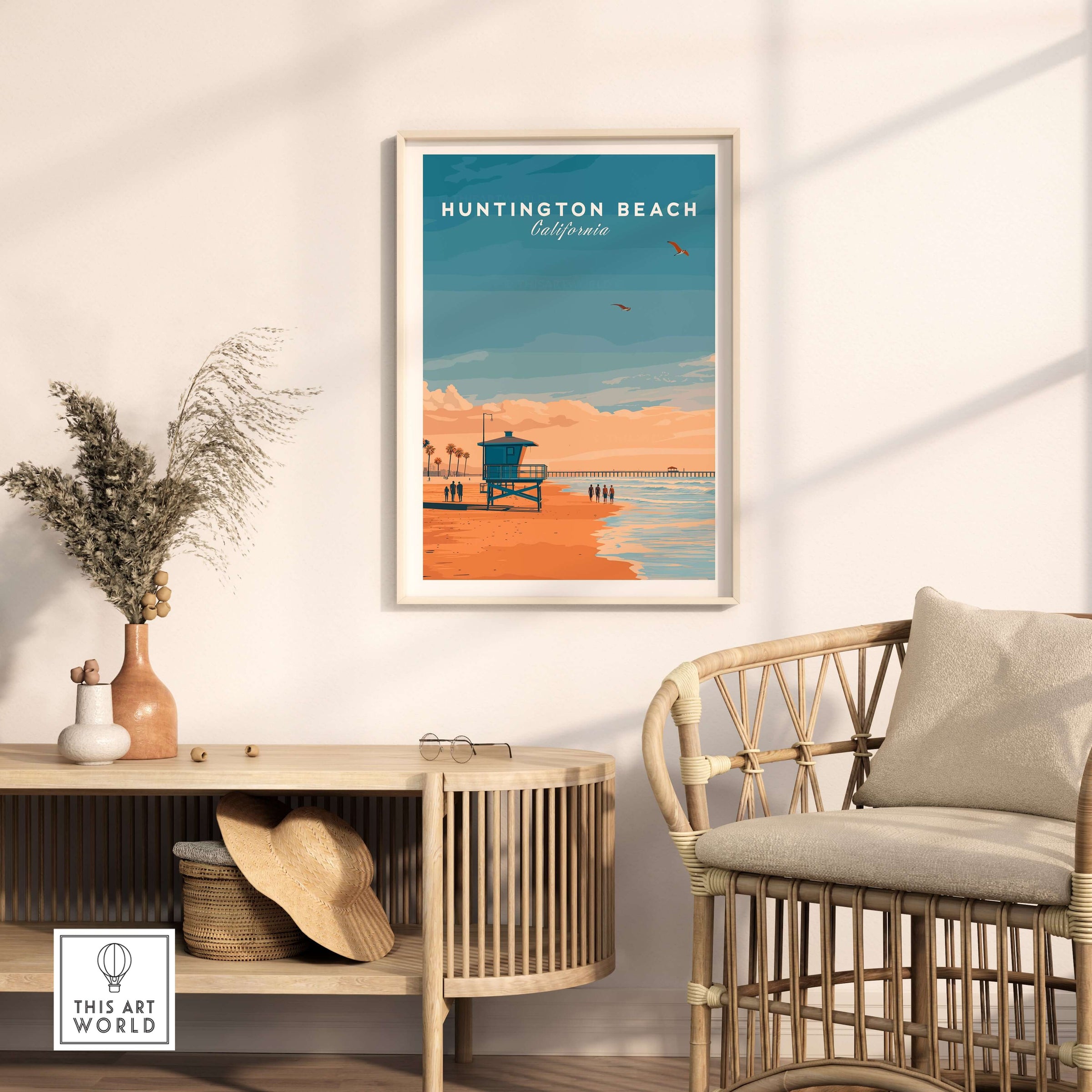 Huntington Beach Lifeguard Tower Print - California Sunset Wall Art showcasing a vibrant coastal scene in a stylish living room.
