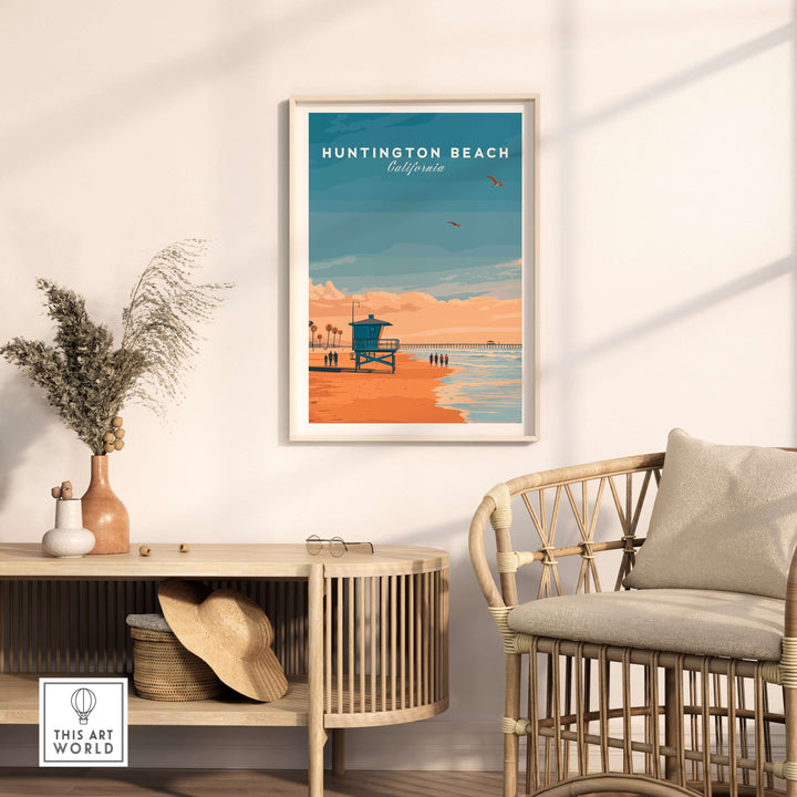 Huntington Beach lifeguard tower print with sunset, showcasing California's coastal charm in a stylish room decor.