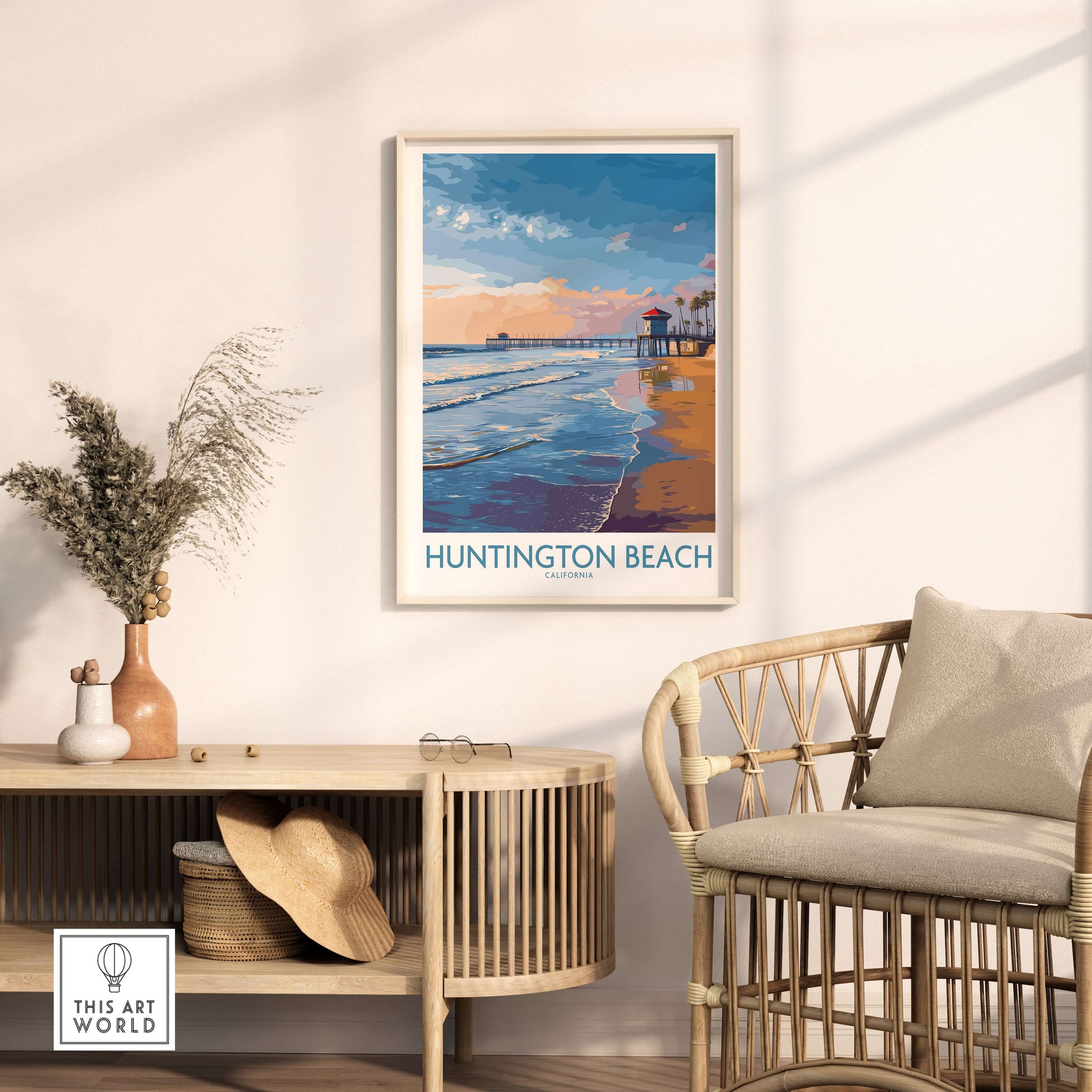 Huntington City Beach Orange County Poster - Surfing City Wall Art displayed in a cozy room with beach views.
