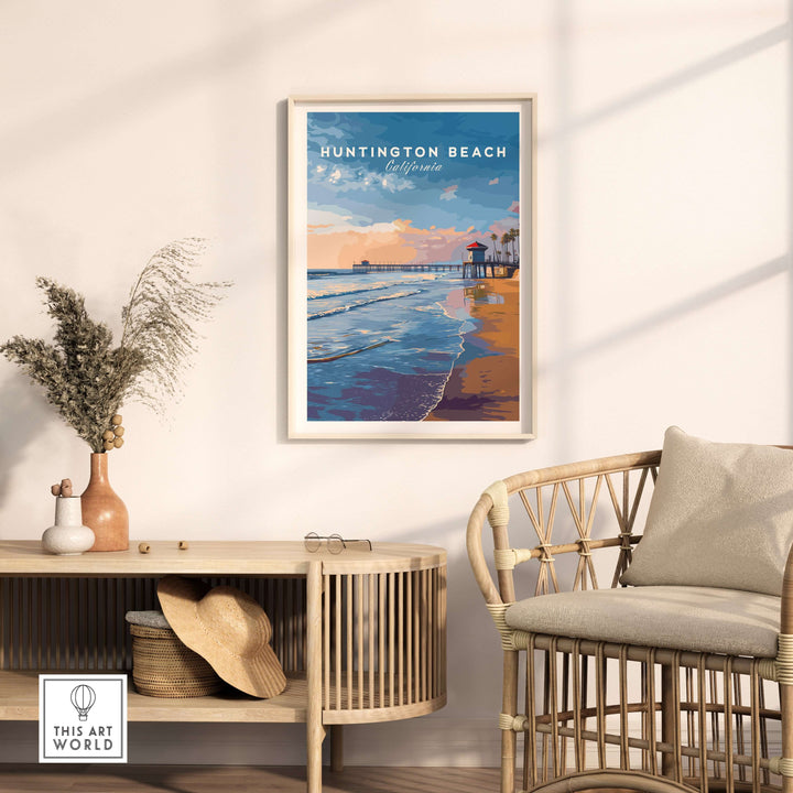 Huntington Beach Pier at sunset poster displayed in a coastal-themed room, showcasing California art.