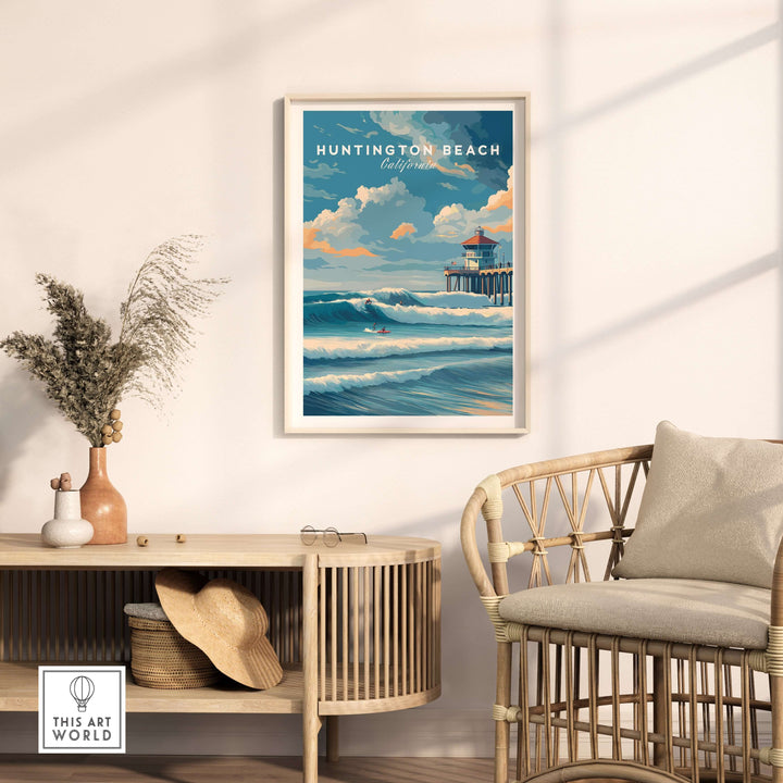 Huntington Beach surfers catching waves print, coastal wall art showcasing California's surf culture in a stylish living room.