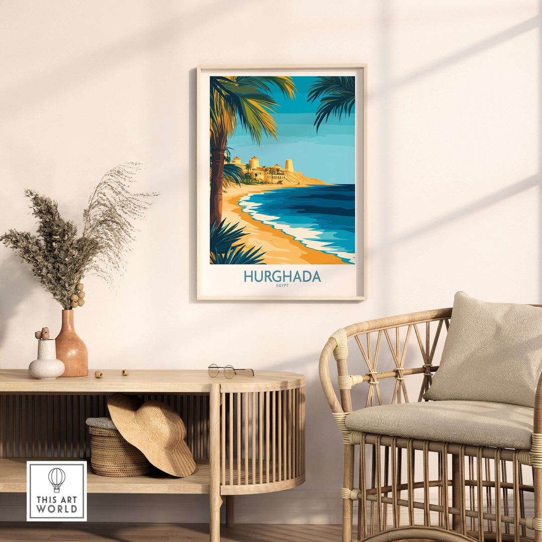 Hurghada Egypt wall art print featuring a serene beach scene, palm trees, and coastal landscape decor.