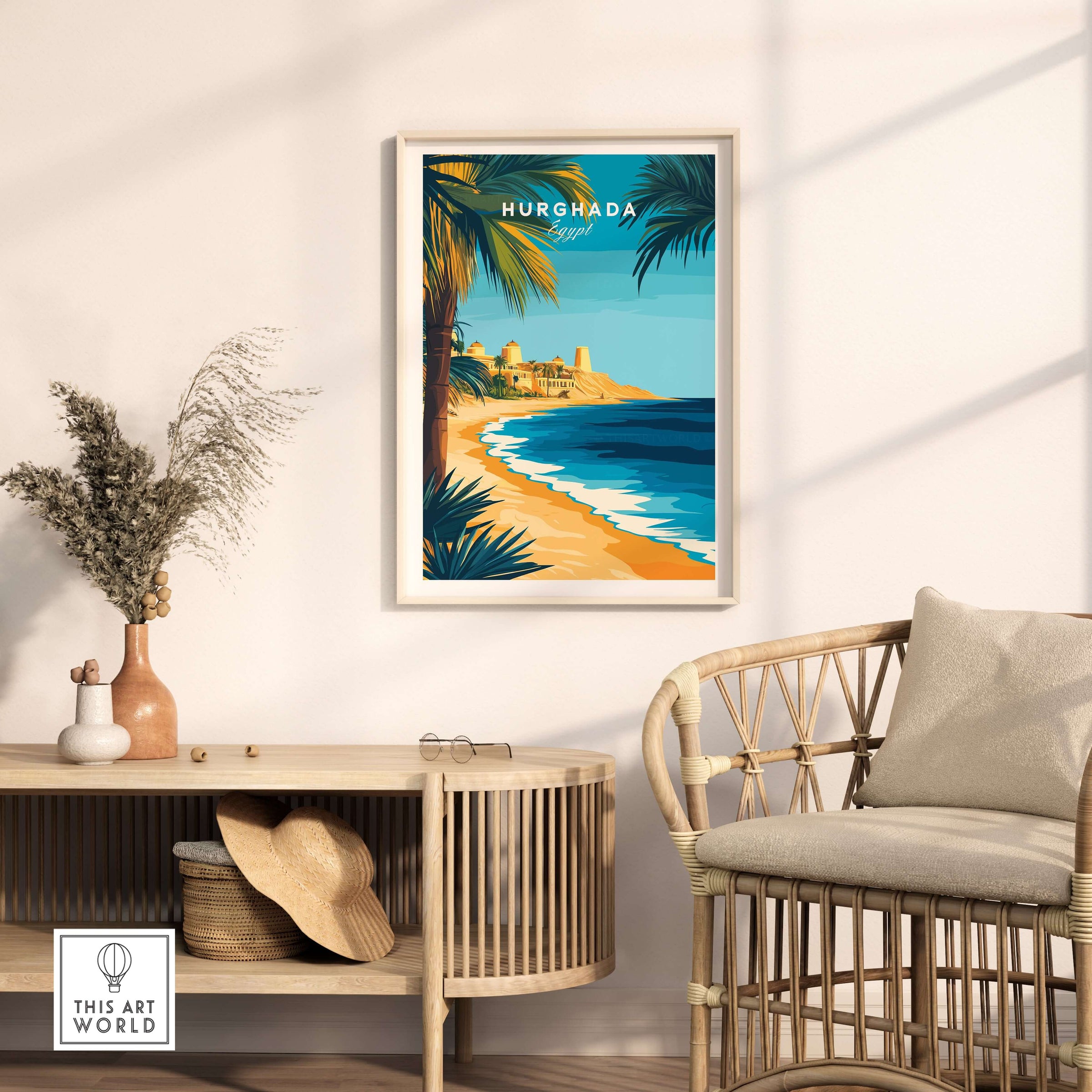 Hurghada Egypt Beach Poster - Red Sea Travel Print featuring a vibrant coastal scene in a modern living space.
