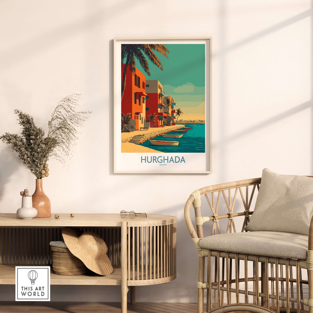 Hurghada Egypt travel wall art print featuring coastal scenes and boats, adding vibrant decor to any room.