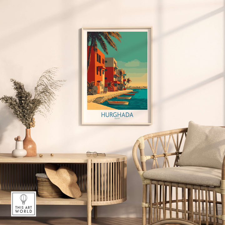 Hurghada Egypt travel wall art print featuring coastal scenes and boats, adding vibrant decor to any room.