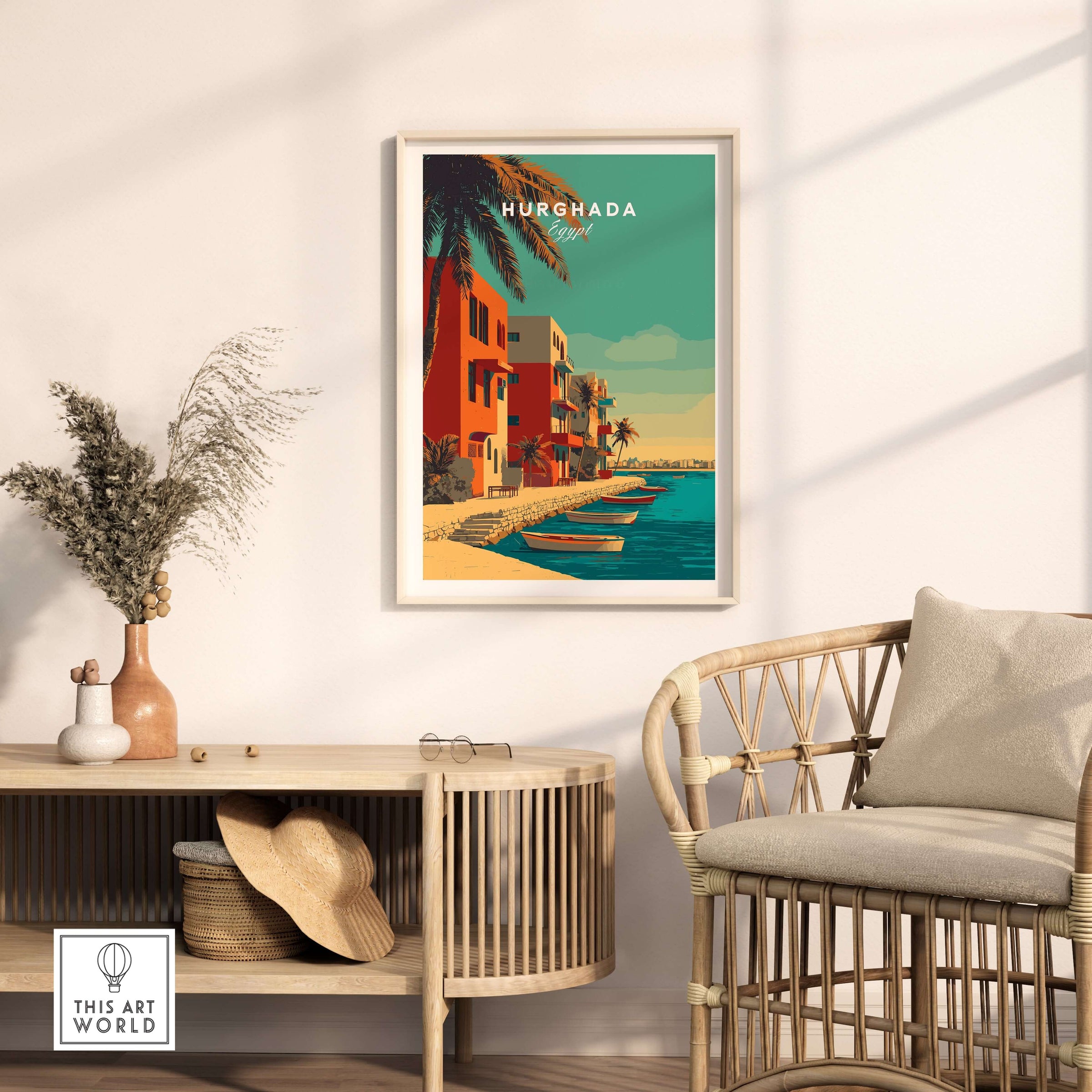 Hurghada Egypt Poster - Red Sea Boats Print displayed in a stylish living room with coastal decor.