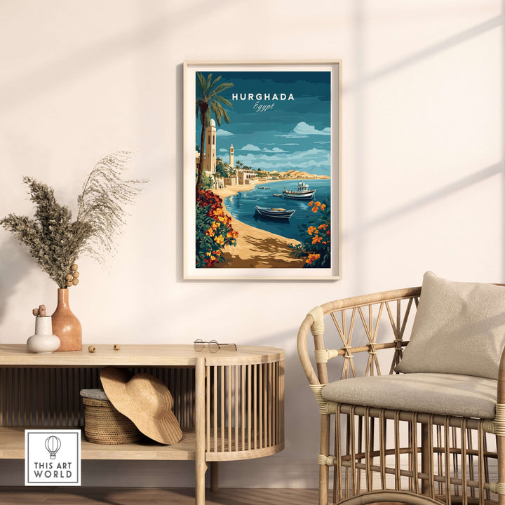 Hurghada print of Egypt's Red Sea coast in a stylish living room setting with vibrant colors and serene waters.