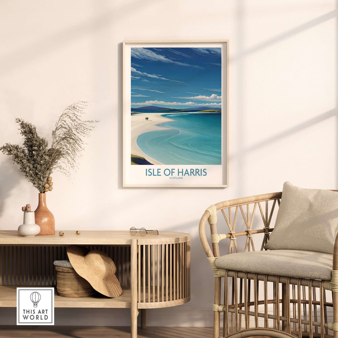 Isle of Harris travel poster showcasing stunning coastal scenery in a stylish home setting.