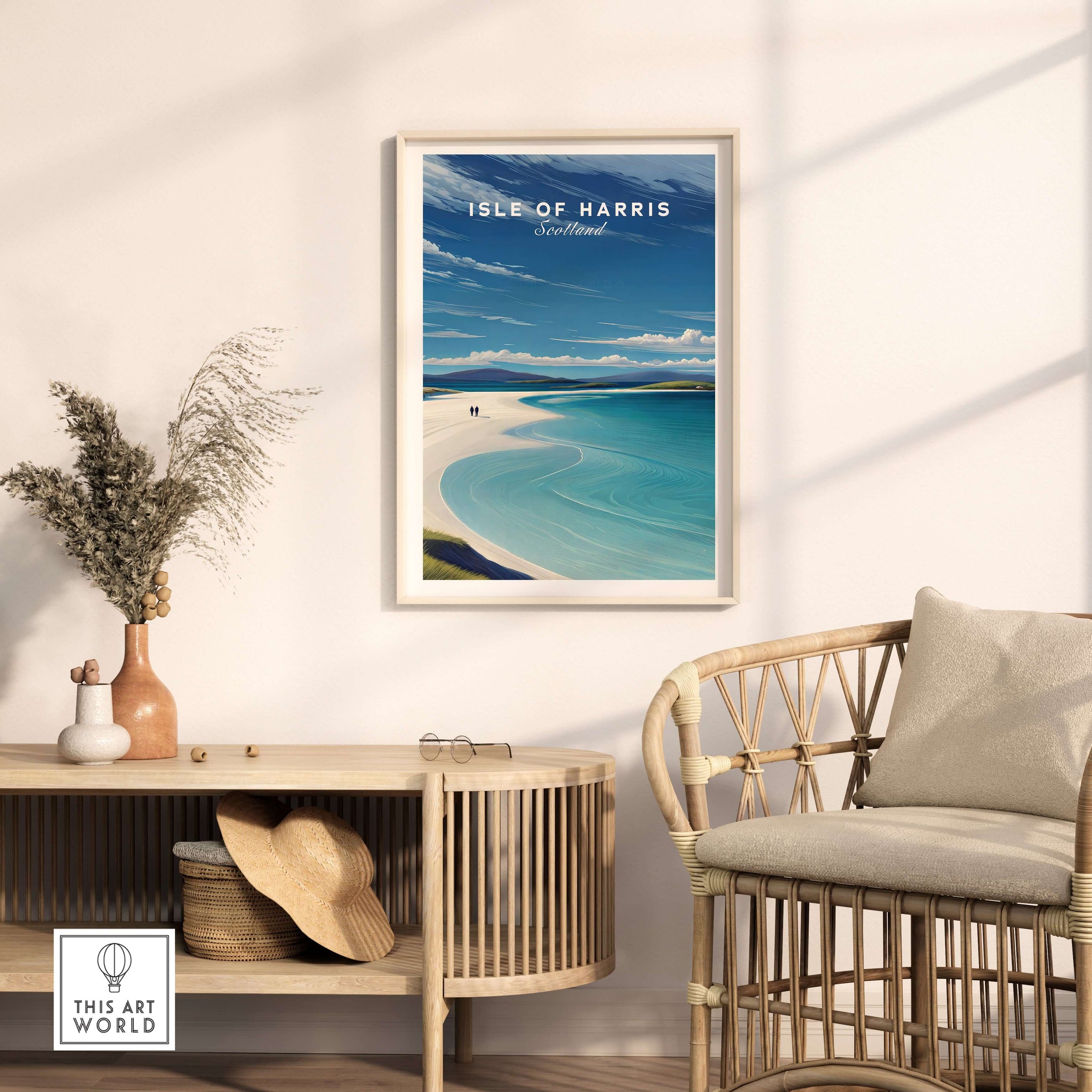 Isle of Harris Scotland Luskentyre Beach Print - White Sand Coastal Wall Art framed on a wall with a cozy interior.