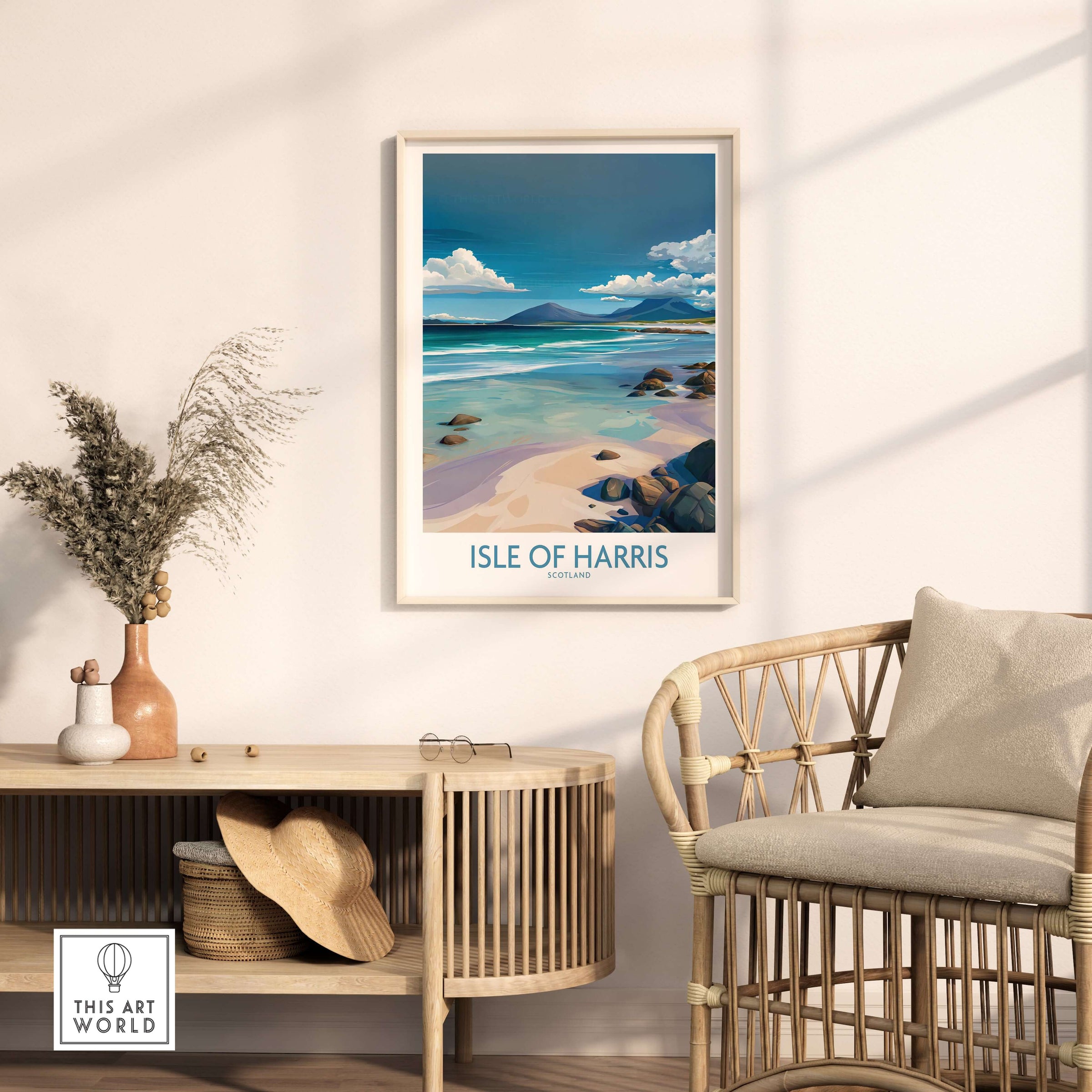 Isle of Harris Poster Scotland Clear Waters - Hebridean Seascape Decor displayed in a stylish living room.