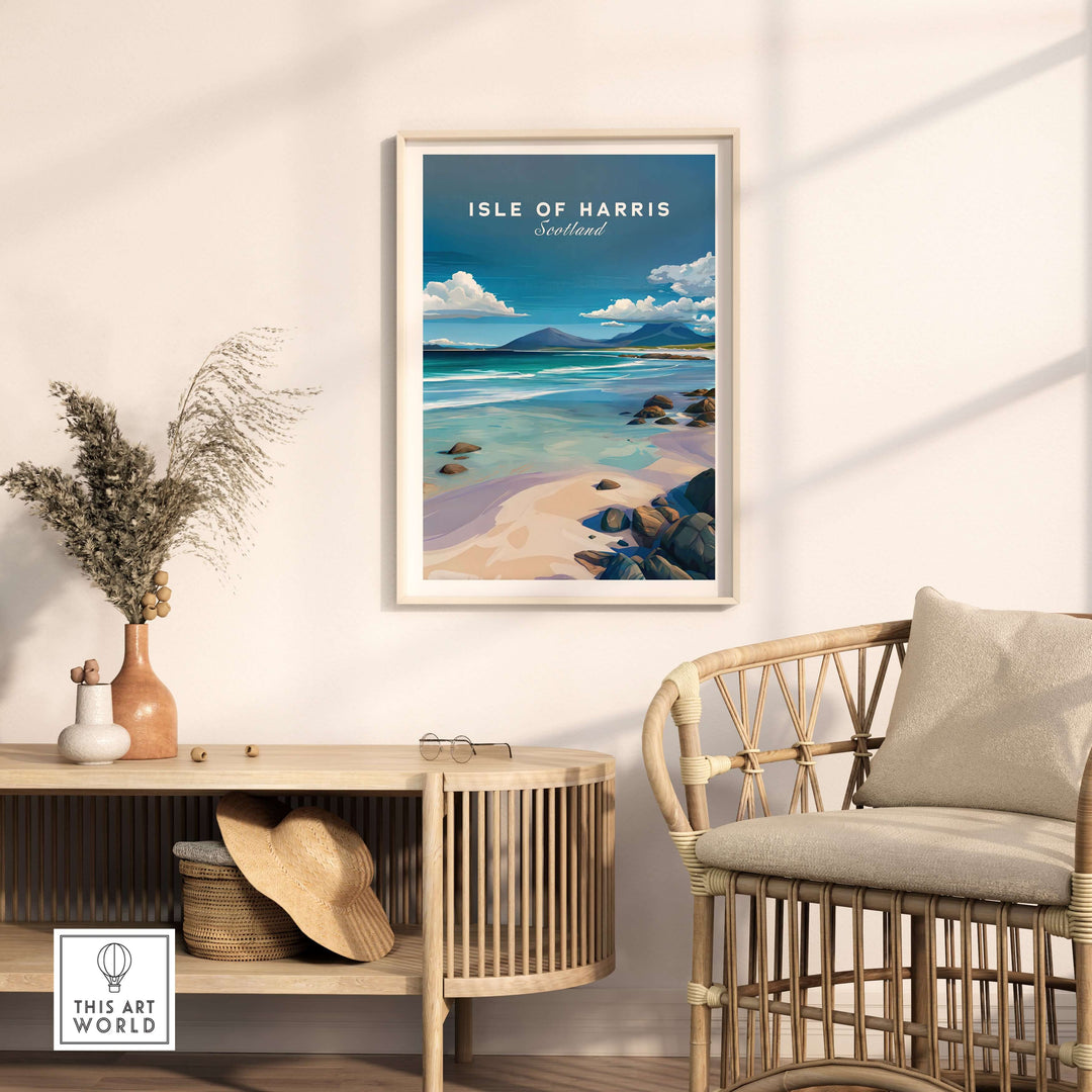 Isle of Harris Scotland wall art featuring blue sky beach and rocky coastline in a stylish interior setting.