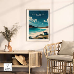 Isle of Harris Scotland Beach House Seascape Poster - Remote Scottish Isle Print displayed in a cozy interior setting.