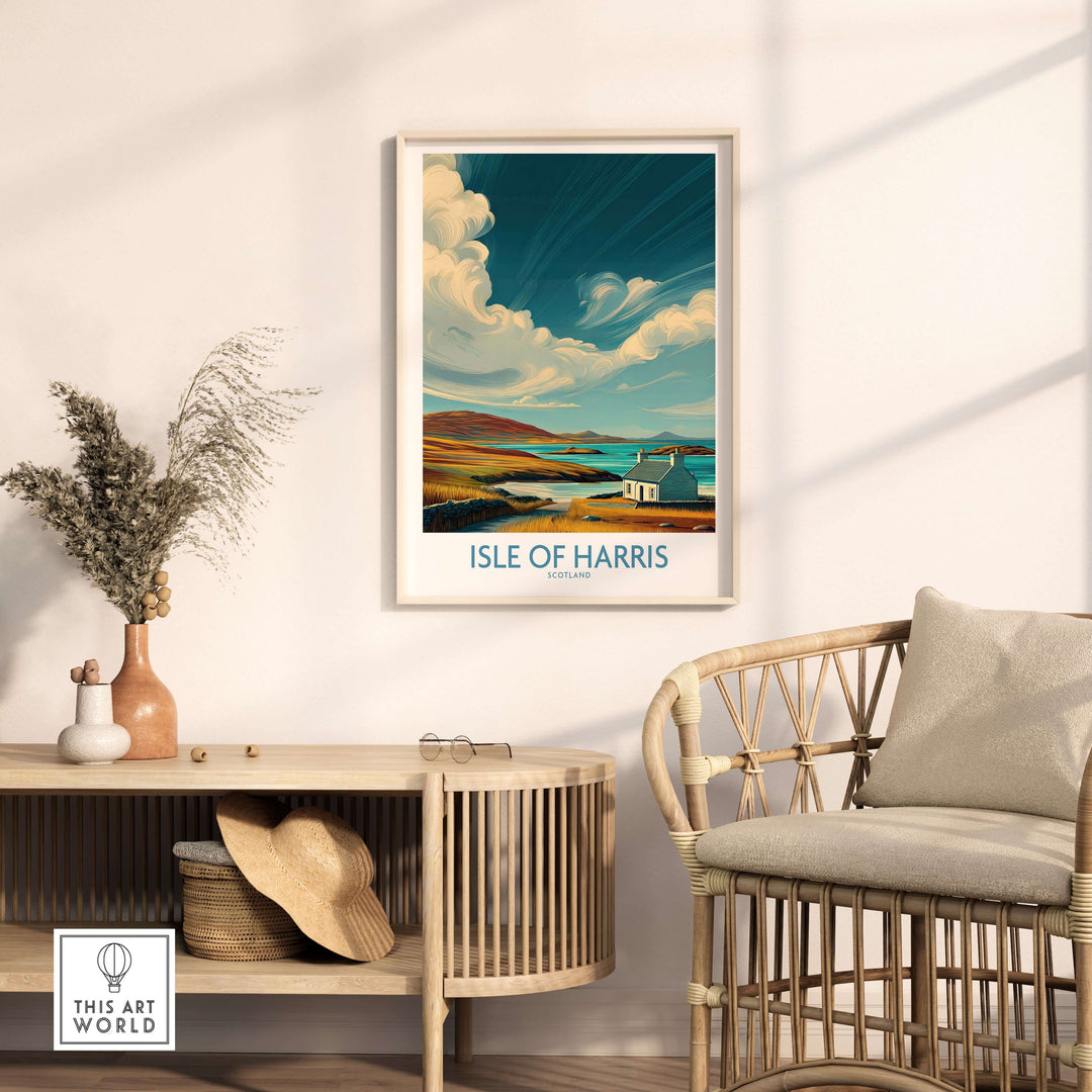 Isle of Harris poster featuring dramatic sky and seascape, perfect for Scottish travel decor.