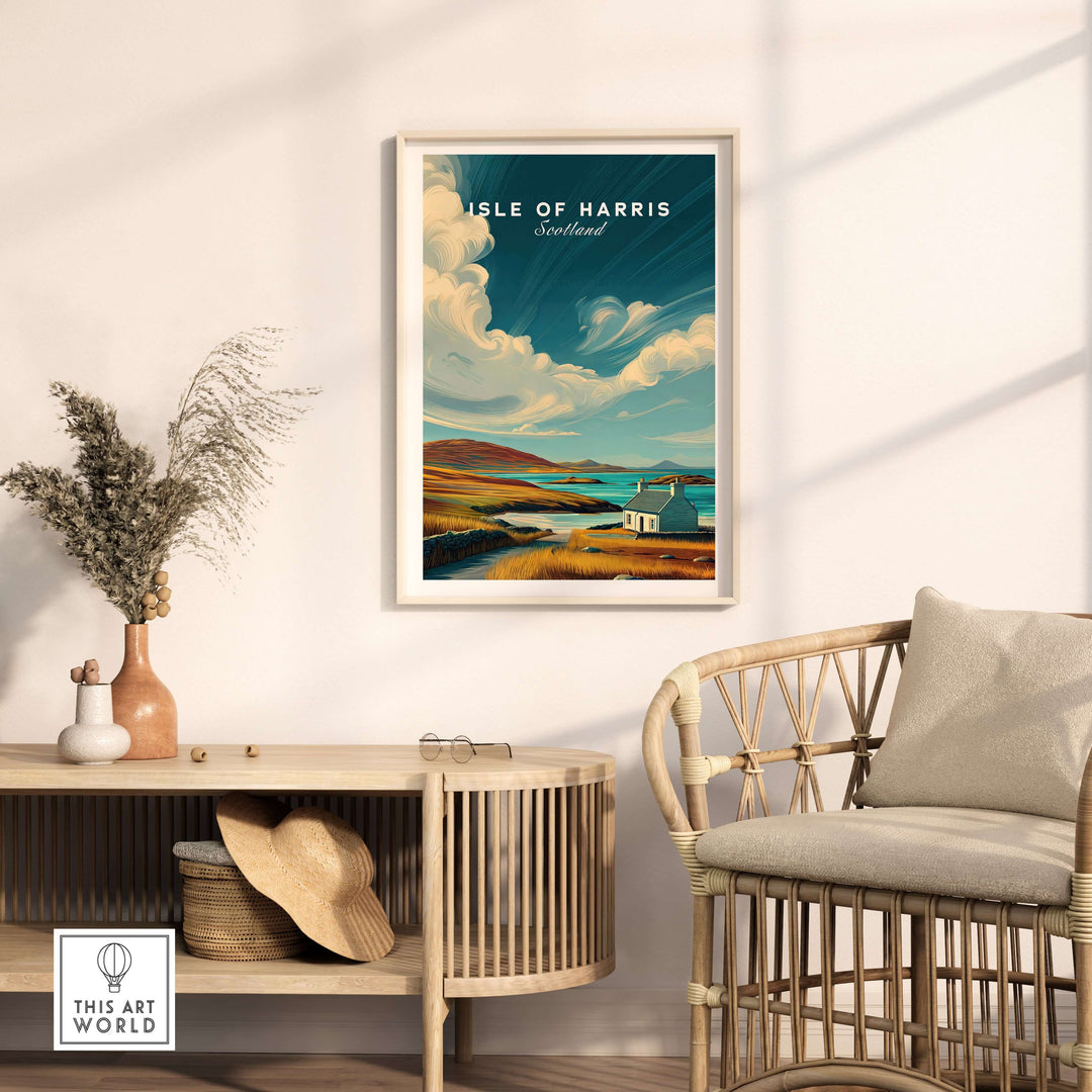 Isle of Harris print displaying a coastal cottage and rolling hills, perfect for adding tranquility to your home decor.