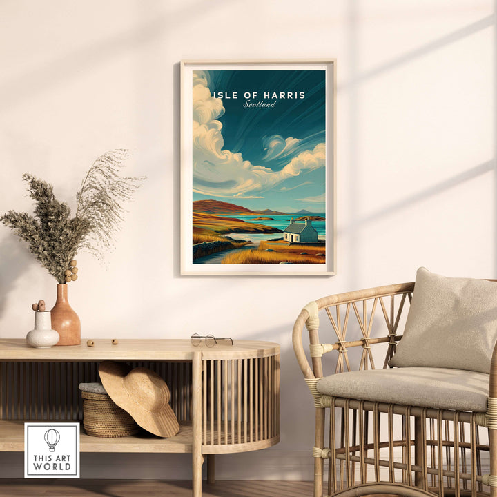 Isle of Harris print displaying a coastal cottage and rolling hills, perfect for adding tranquility to your home decor.