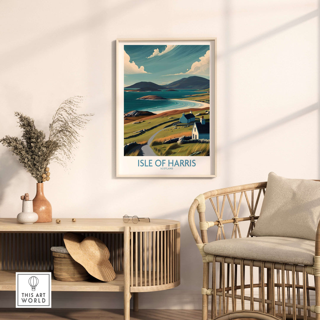 Isle of Harris Hebridean landscape poster featuring scenic Scottish hills and a charming cottage in a stylish interior setting.