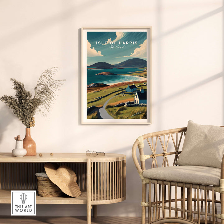 Isle of Harris beach print showcasing serene coastal views and rolling landscapes in a cozy interior setting.