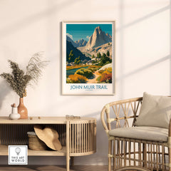John Muir Trail California Alpine Valley Poster - Yosemite National Park Print displayed in a cozy living room setting.