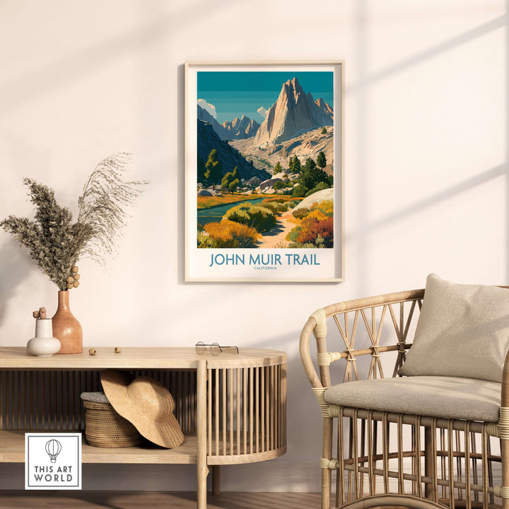 John Muir Trail Yosemite National Park poster displayed in a cozy interior setting, showcasing stunning alpine scenery.