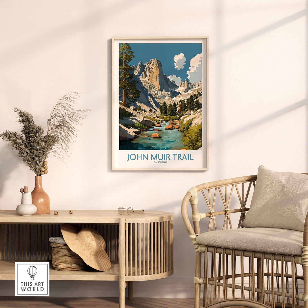 John Muir Trail California Mountain River Poster - California Hiking Trail Print in a stylish home setting.