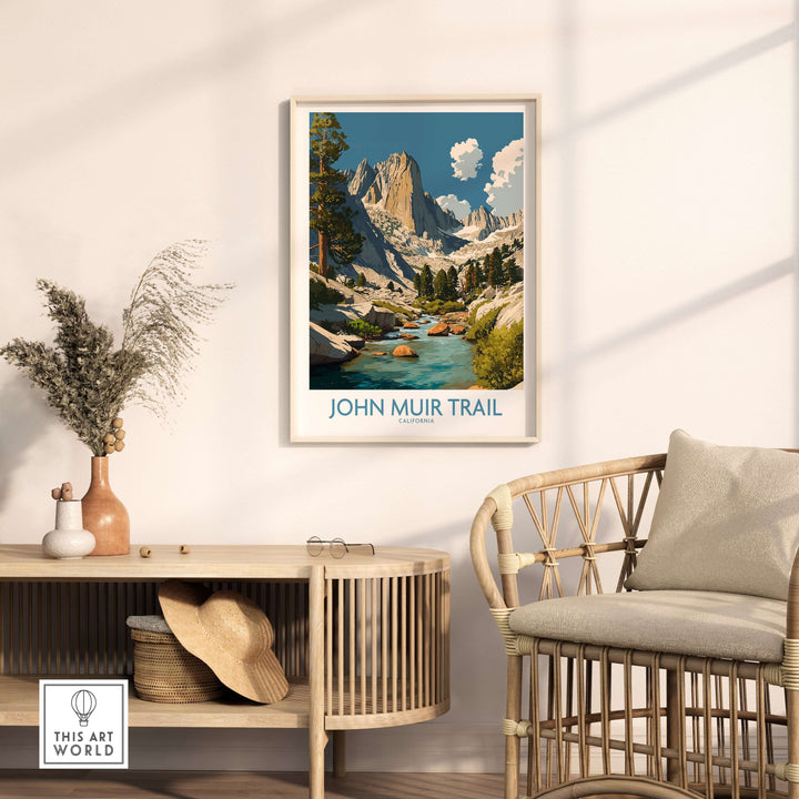 John Muir Trail poster showcasing a mountain river in a cozy home setting, perfect for nature and hiking enthusiasts.