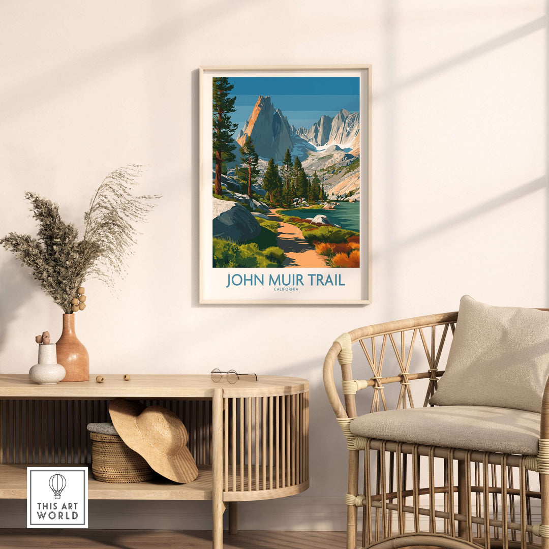 John Muir Trail wall art featuring serene lake and mountain scenery in a stylish home setting.