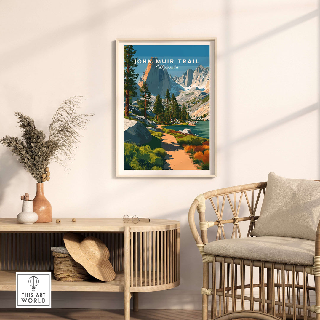 John Muir Trail poster featuring a picturesque mountain landscape and serene lakeside views in a modern living space.