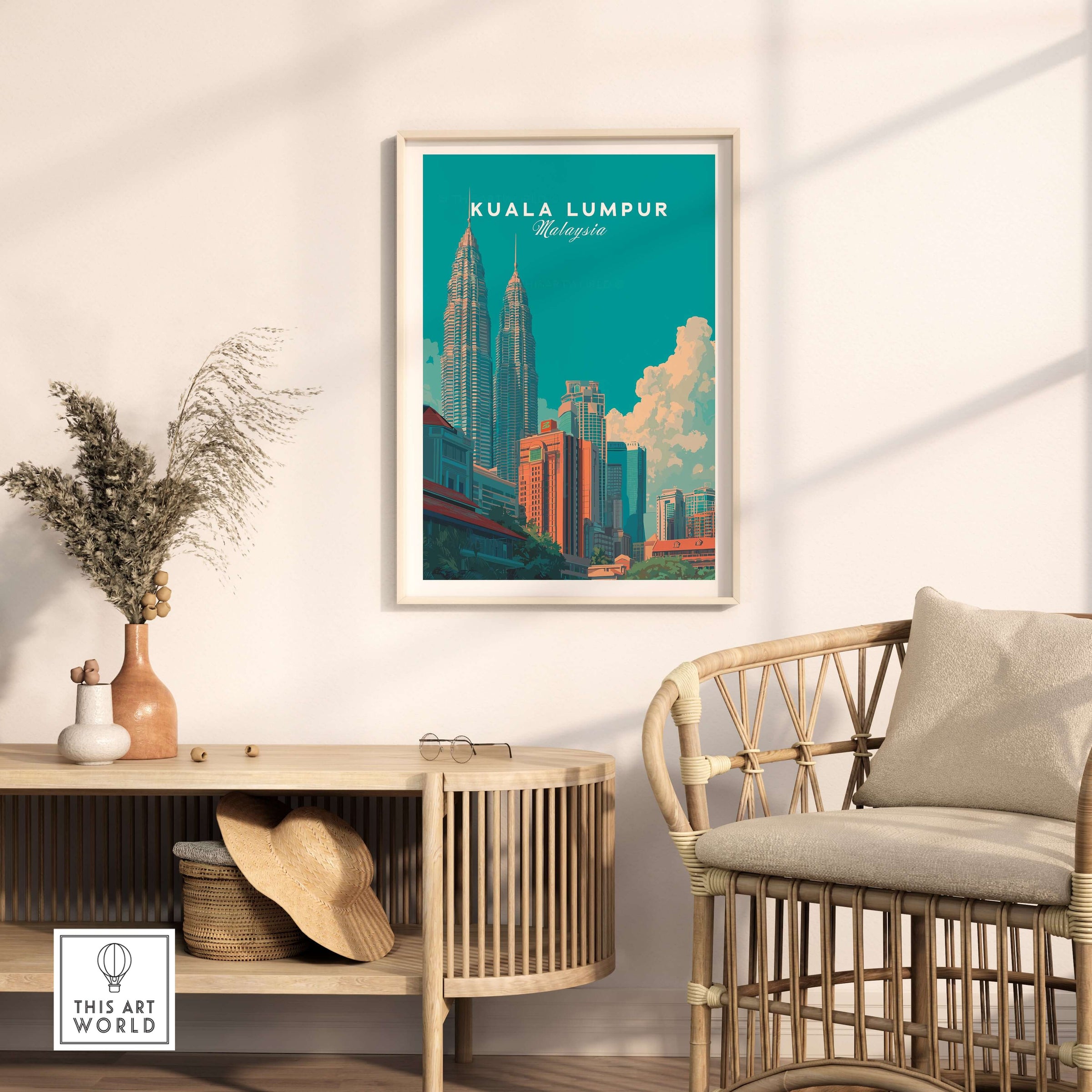 Kuala Lumpur Malaysia Print Petronas Towers Skyline Poster - Modern City Wall Art displayed in a stylish home interior.