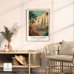 Kuala Lumpur Poster Malaysia Skyline - Malaysian Urban Travel Print displayed in a stylish living room setting.
