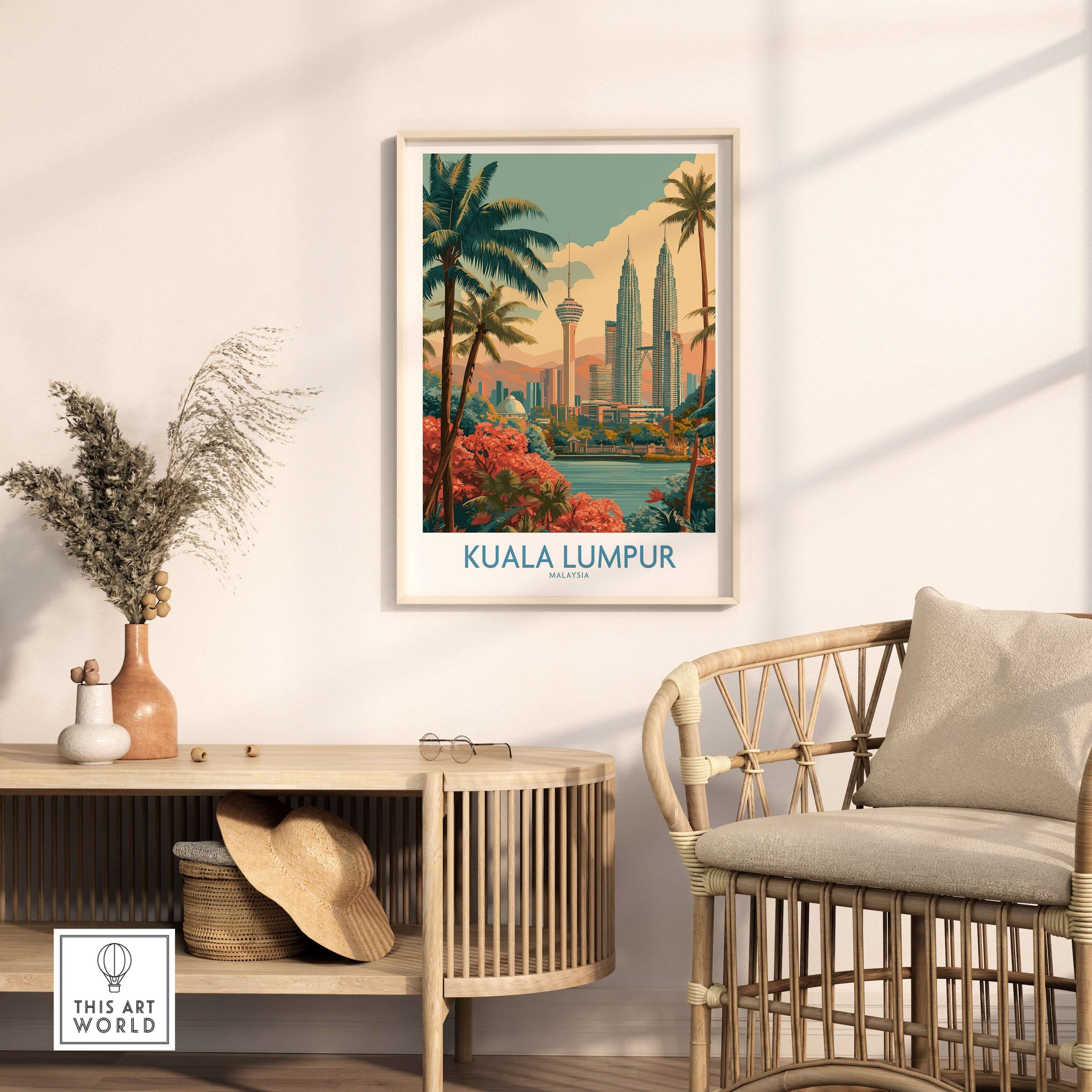 Kuala Lumpur Poster Malaysia Skyline - Malaysian Urban Travel Print displayed in a stylish living room setting.