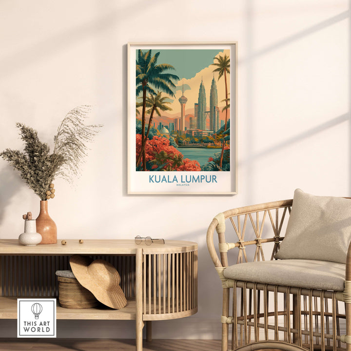 Kuala Lumpur poster featuring the skyline in a stylish interior setting, showcasing vibrant cityscape art.