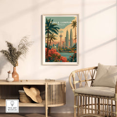 Kuala Lumpur Print Malaysia Petronas Towers & KL Tower - Cityscape Wall Art displayed in a modern living room.