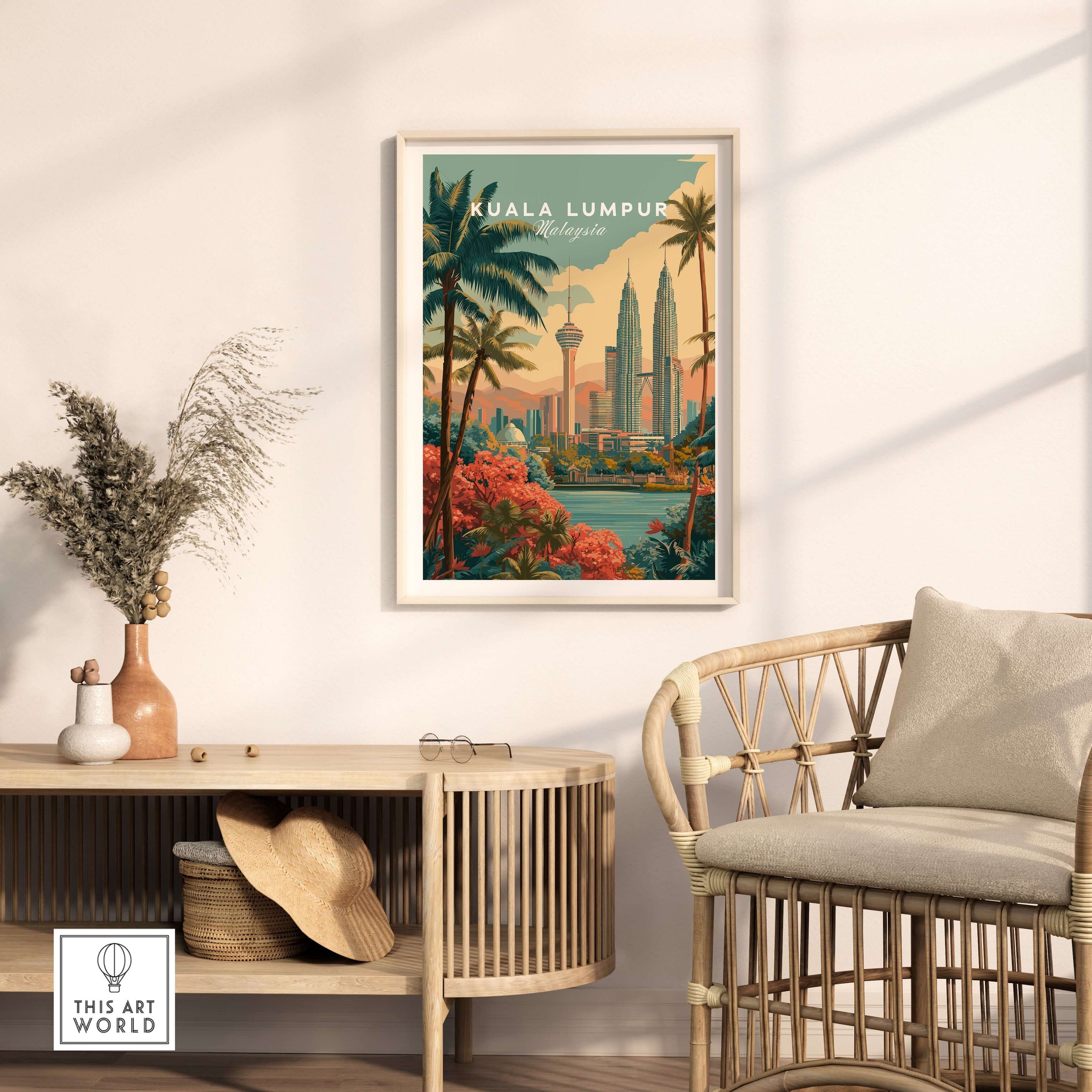 Kuala Lumpur Print Malaysia Petronas Towers & KL Tower - Cityscape Wall Art displayed in a modern living room.