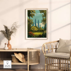 Kuala Lumpur Malaysia Twin Towers Garden Print - City Park Wall Art in stylish interior setting with rattan chair.