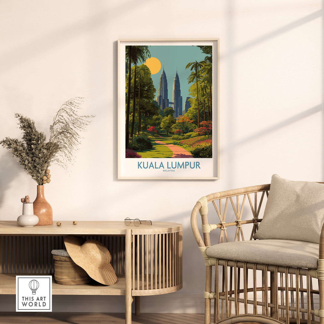 Kuala Lumpur travel poster showcasing the city’s skyline amidst lush greenery in a bright, sunny setting.