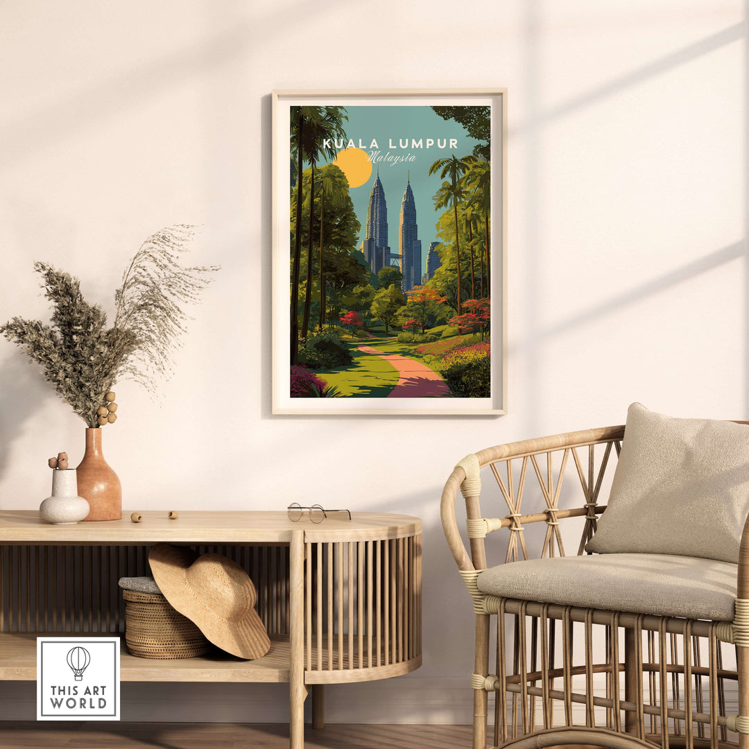 Kuala Lumpur poster featuring Petronas Towers and park path, modern city wall art for elegant decor.