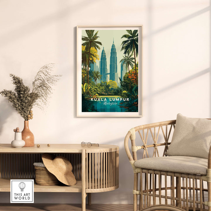 Kuala Lumpur Twin Towers art print in a tropical setting, showcased in a cozy interior decor with vibrant greenery.