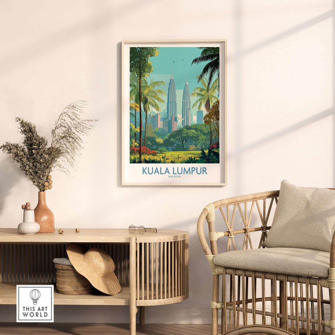 Kuala Lumpur Green City Skyline poster featuring lush greenery and modern architecture in a stylish interior setting.