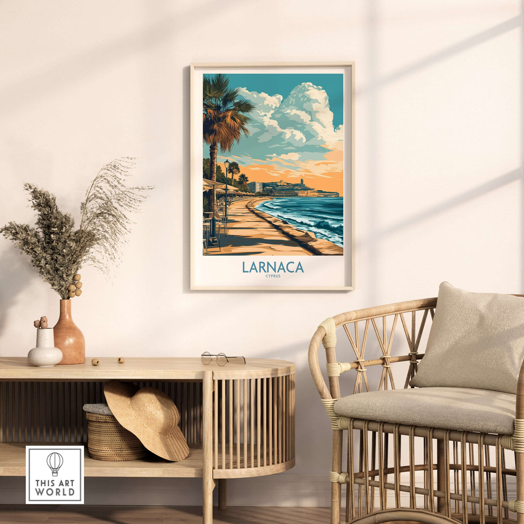Larnaca travel poster featuring a palm tree at sunset, enhancing coastal decor with Mediterranean vibes.