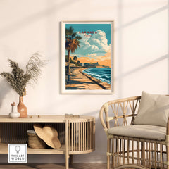 Larnaca Print Cyprus Beachfront Promenade - Mediterranean Coastal Wall Art showcased in a stylish living room setting.