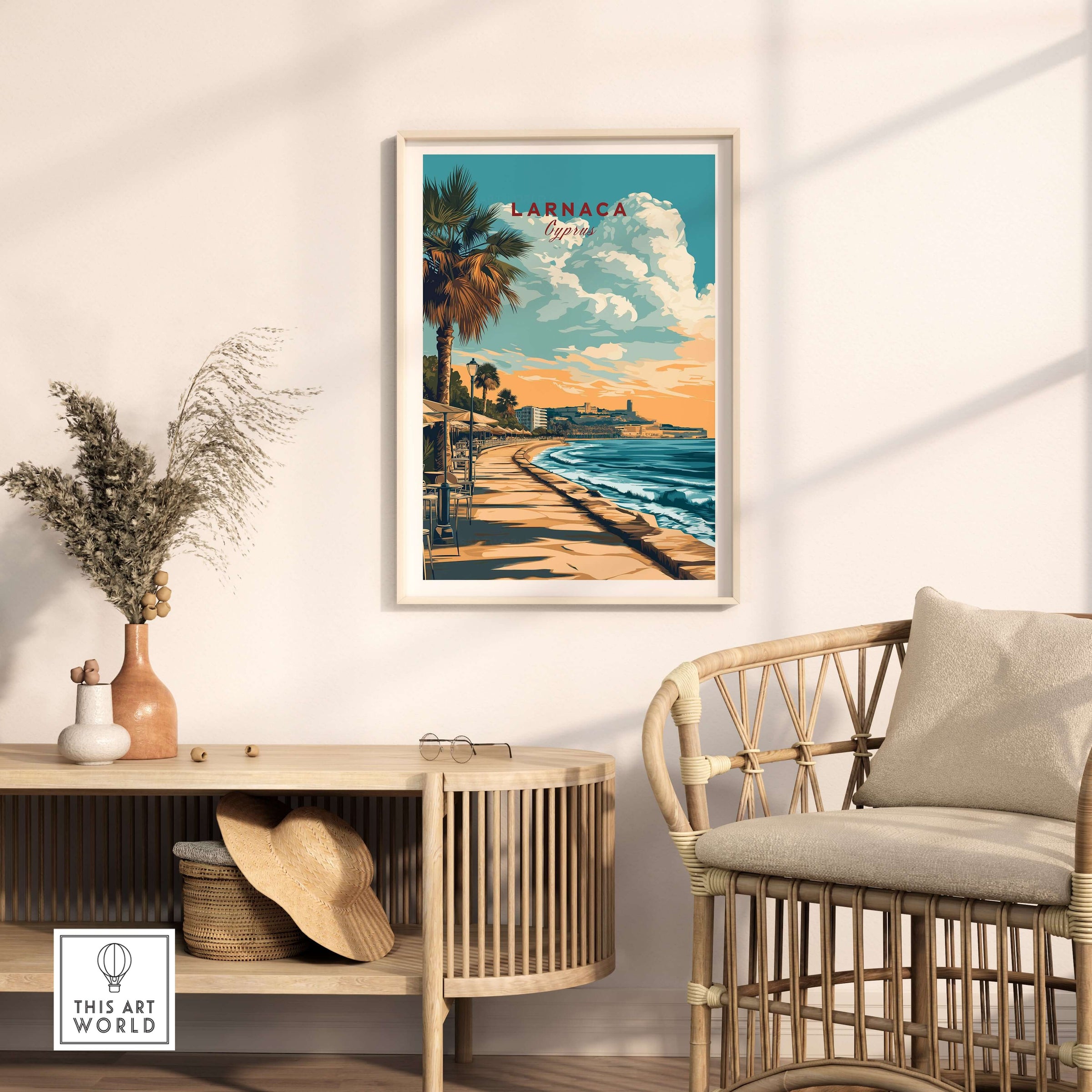 Larnaca Print Cyprus Beachfront Promenade - Mediterranean Coastal Wall Art showcased in a stylish living room setting.